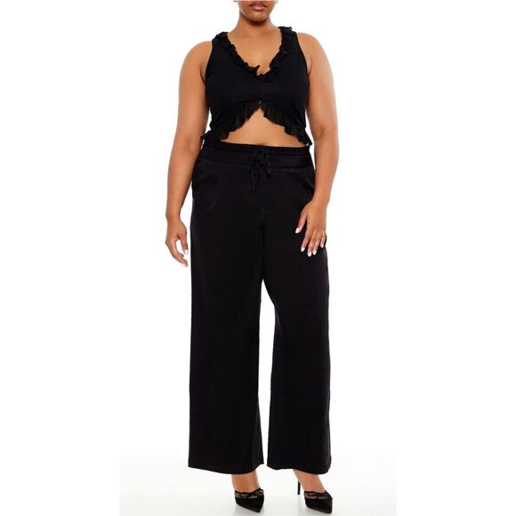 Black Drawstring Wide Leg Crepe Pants, Lyocell, Forever 21, Plus Size 0X, NEW - Picture 1 of 10